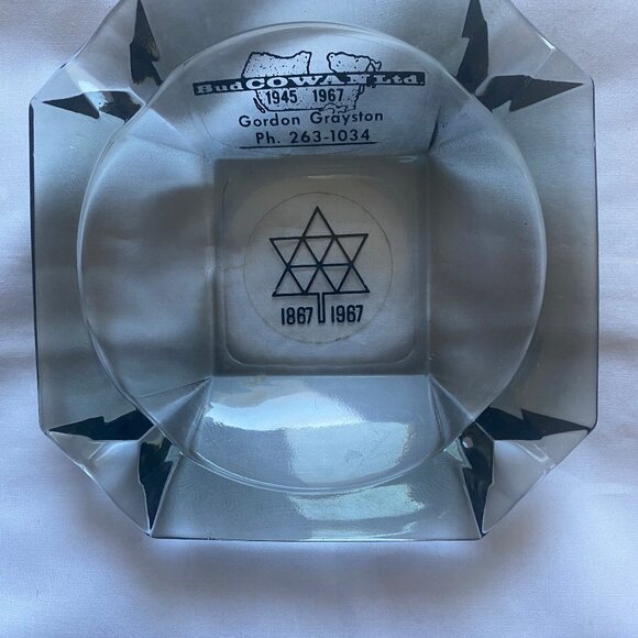 Vintage 1867 - 1967 Bud Cowan Two Tone Glass Ashtray Purple Gray 5" x 5" Collect - Picture 5 of 5